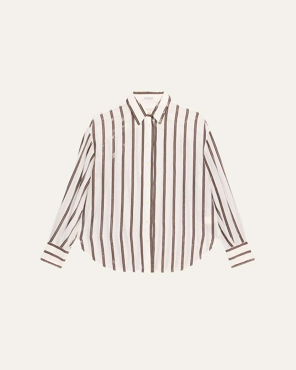 Sequined Stripe Button Down Gauze Blouse